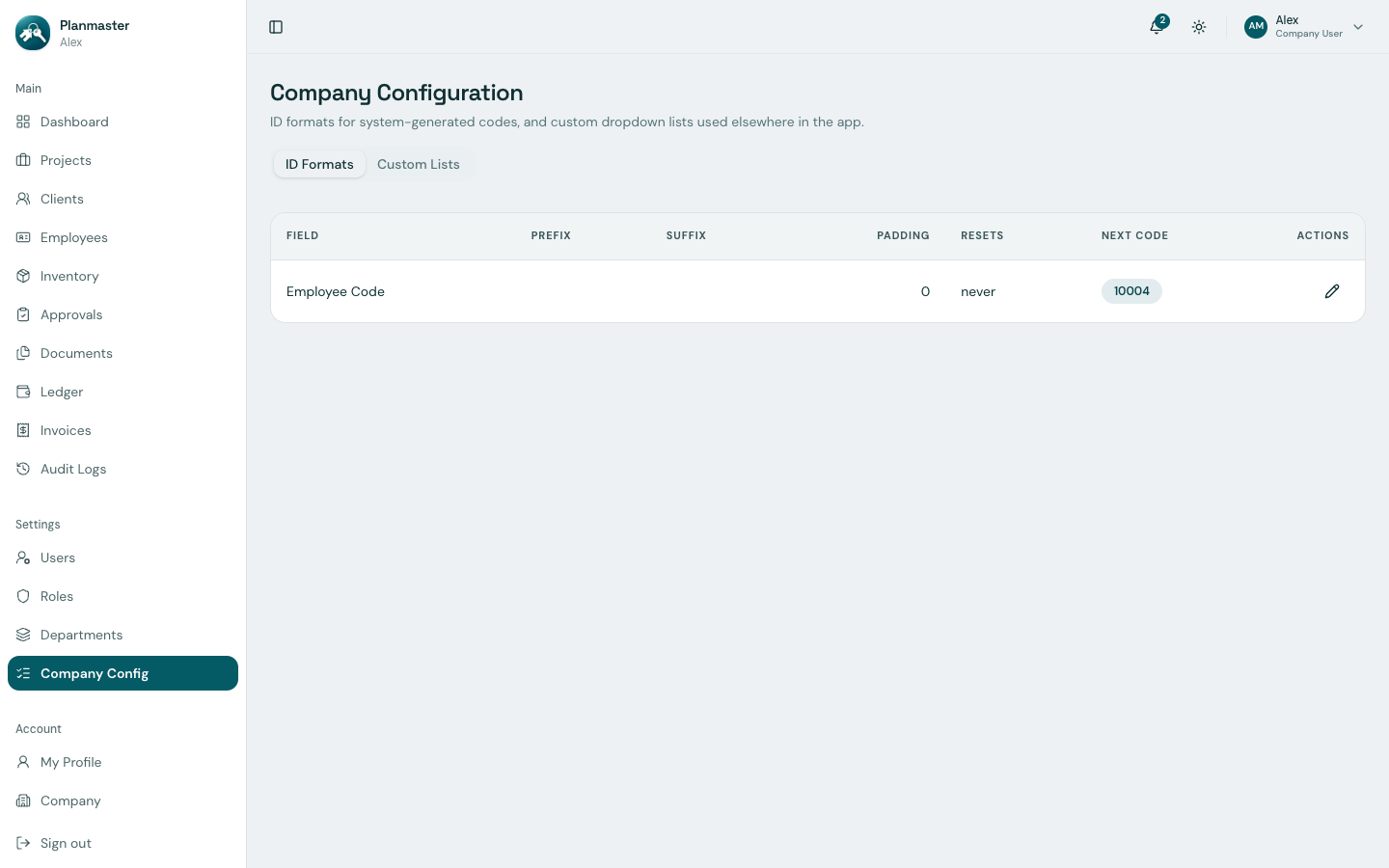 Company Configuration Settings