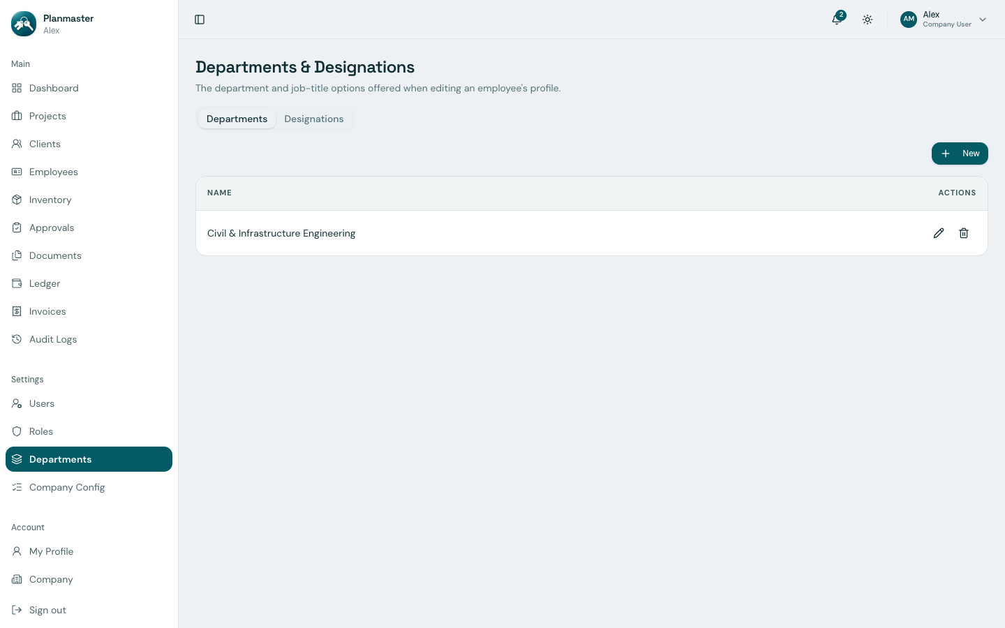 Departments and Designations Settings