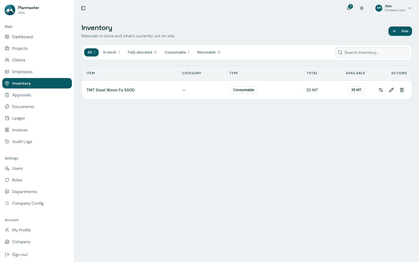 Inventory Catalog Table