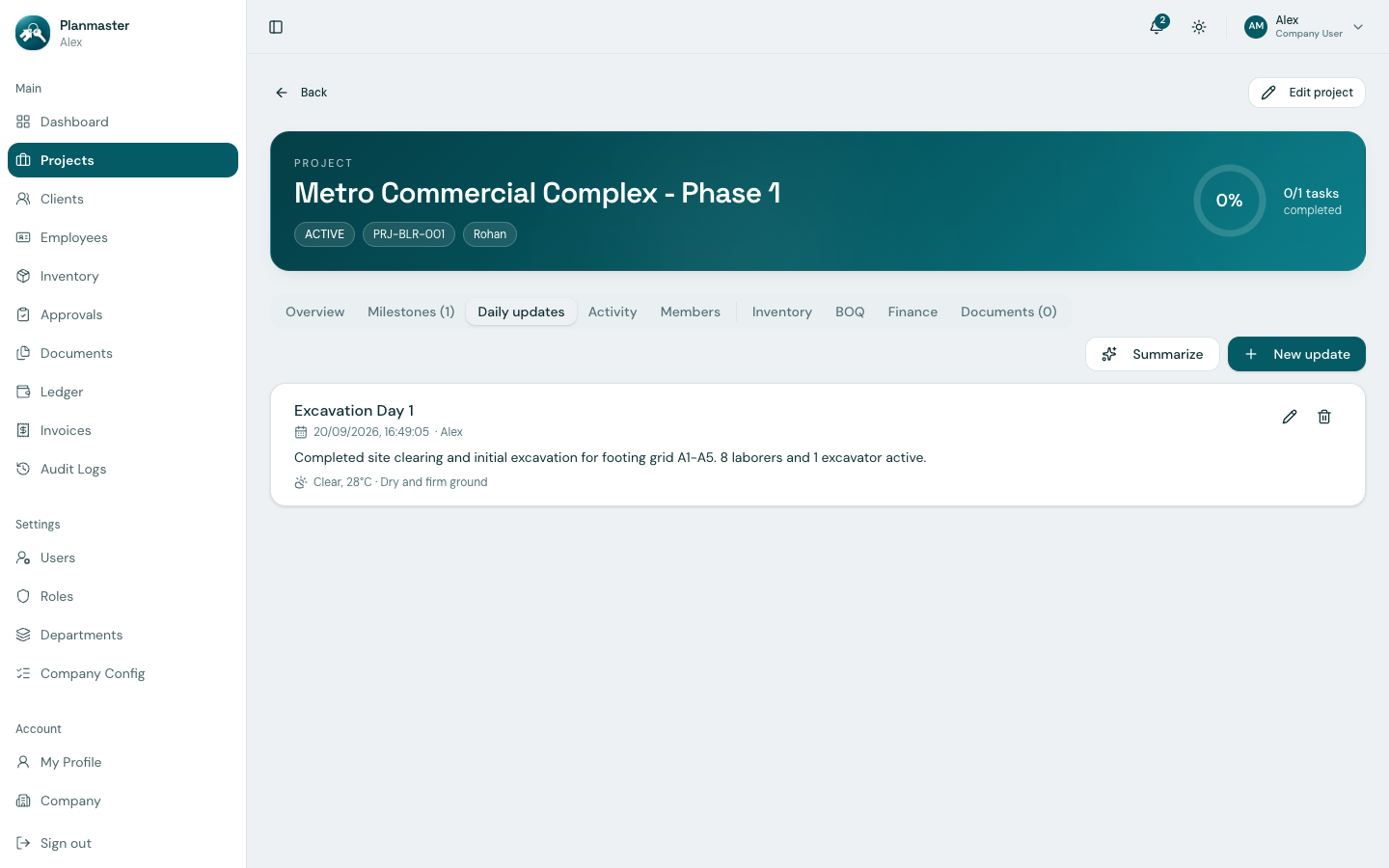 Project Daily Updates Screen